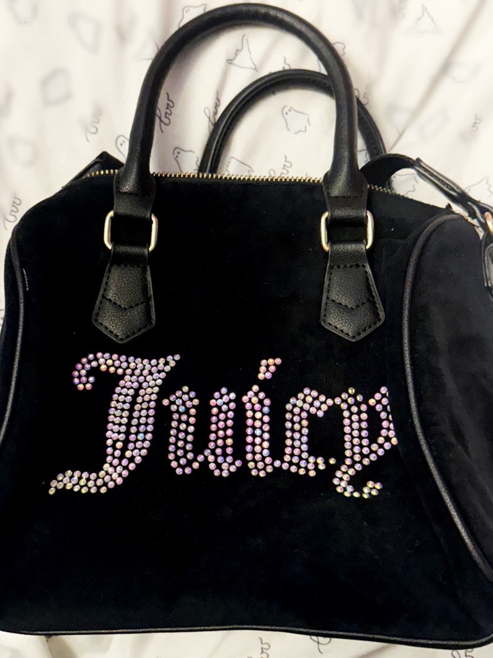 Juicy Couture Black Velvet Satchel with Iridescent Rhinestone Logo